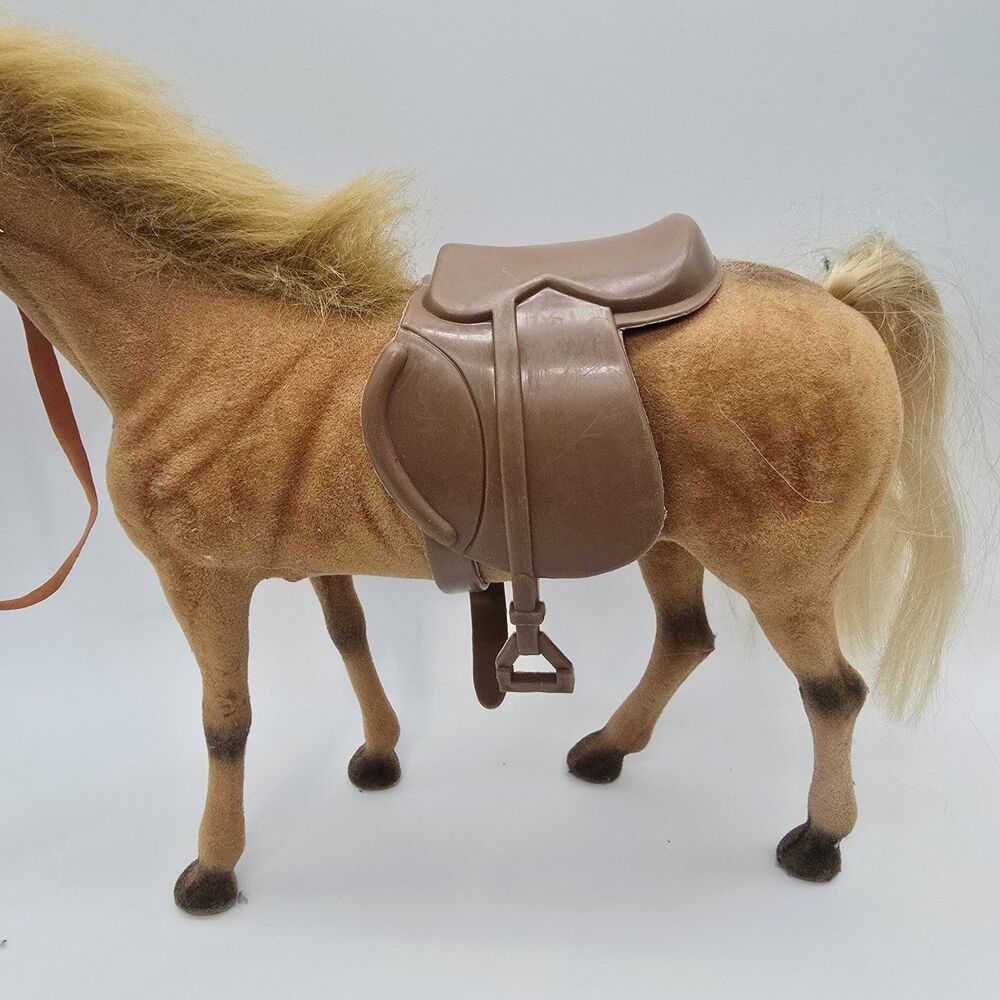 Vintage Flocked Plastic Horse Toy Figurine Pony Brown with saddle - Picture 3 of 14